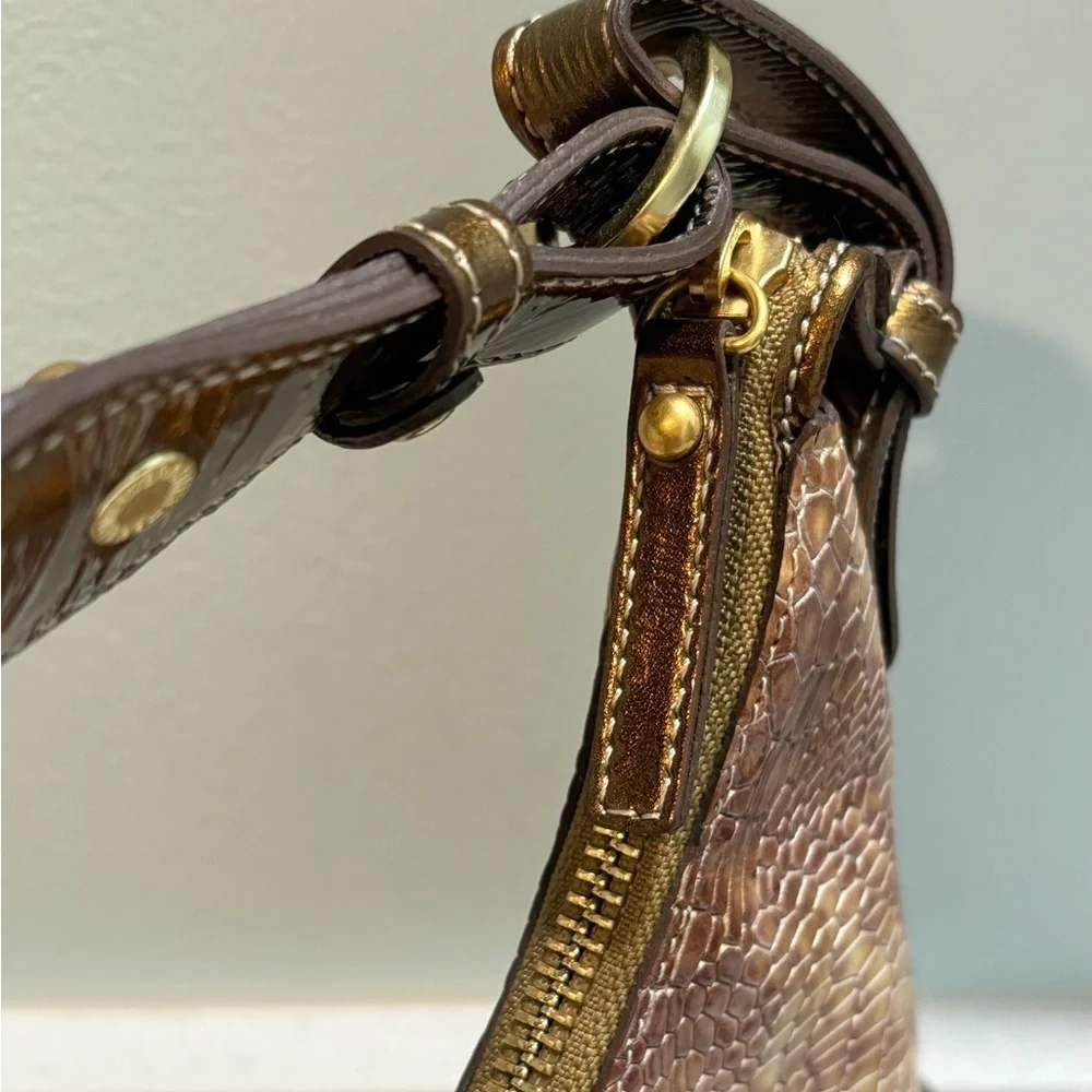 Brahmin Croc Embossed Hobo Shoulder Bag Vintage Y2K Brown Gold Accents